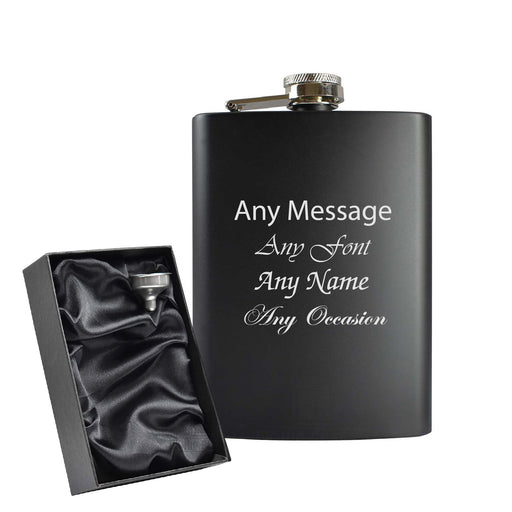 Engraved 8oz Black Hip flask - Any Name, Message, Font - black satin gift box Image 1