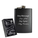 Engraved 8oz Black Hip flask - Any Name, Message, Font - black satin gift box Image 1