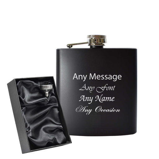 Engraved 6oz Black Hip flask - Any Name, Message, Font - black satin gift box Image 1