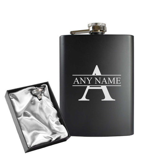 Engraved 8oz Black Hip flask with Any Name and Initial Image 1