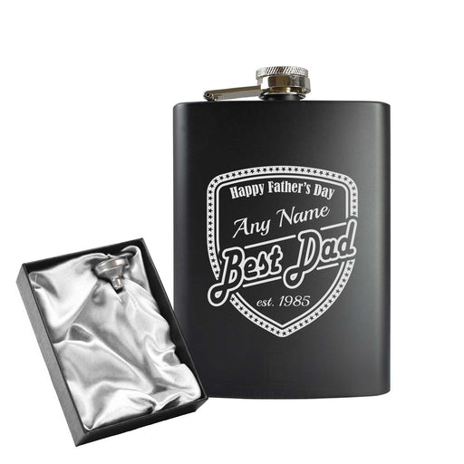 Engraved 8oz Black Hip flask with Fathers day shield Image 1