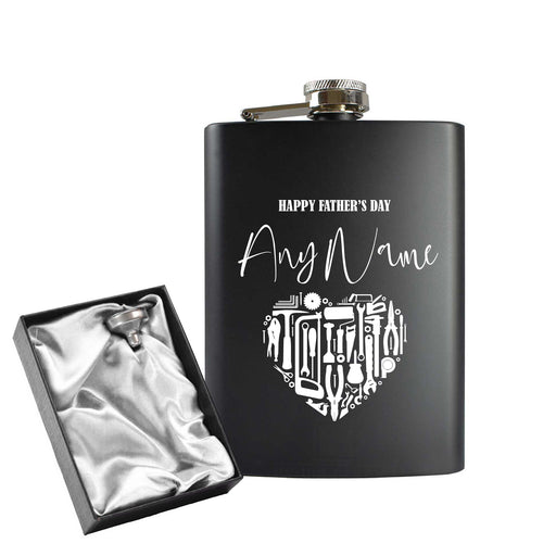 Engraved 8oz Black Hip flask with Fathers day Tool Heart Image 1