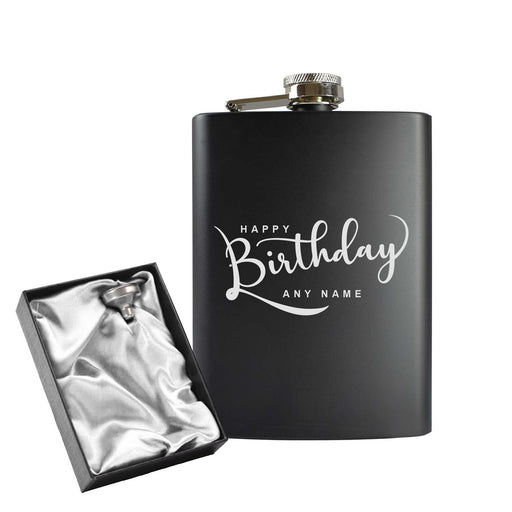 Engraved 8oz Black Hip flask with Happy Birthday design Image 2