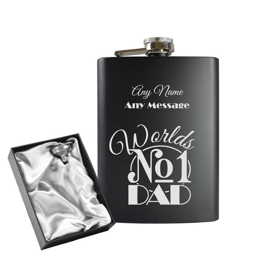 Engraved 8oz Black Hip flask with Worlds No1 Dad Image 2