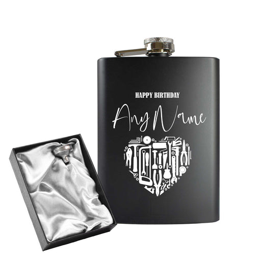 Engraved 8oz Black Hip flask with Birthday Tool heart Image 1