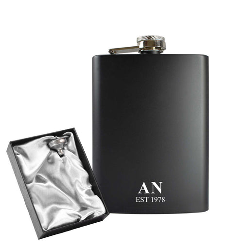 Engraved 8oz Black Hip flask with Initials and Date Image 1