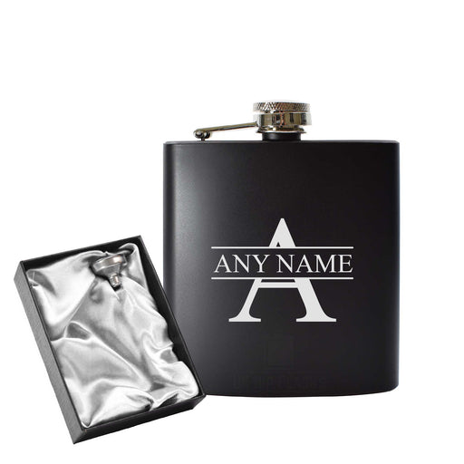 Engraved 6oz Black Hip flask with Any Name and Initial Image 1
