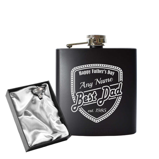 Engraved 6oz Black Hip flask with Fathers day shield Image 1