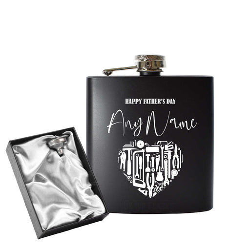 Engraved 6oz Black Hip flask with Fathers day Tool Heart Image 1