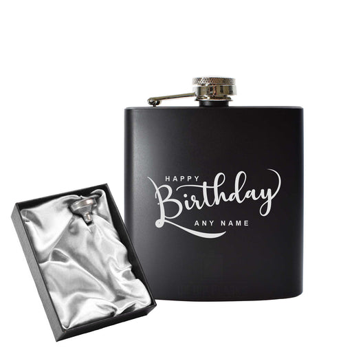 Engraved 6oz Black Hip flask with Happy Birthday design Image 1