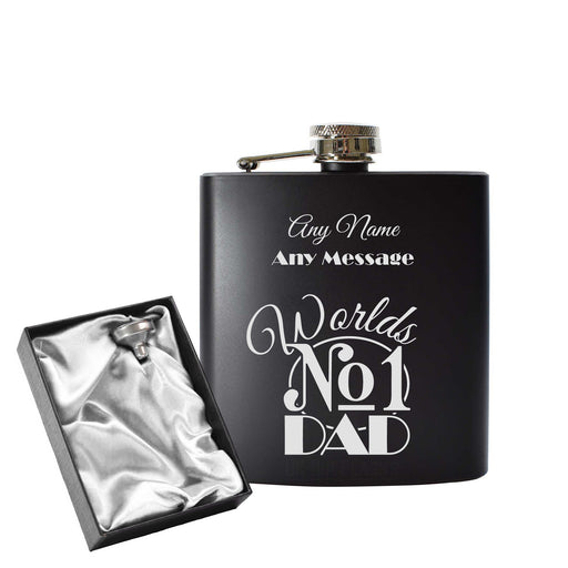 Engraved 6oz Black Hip flask with Worlds No1 Dad Image 1