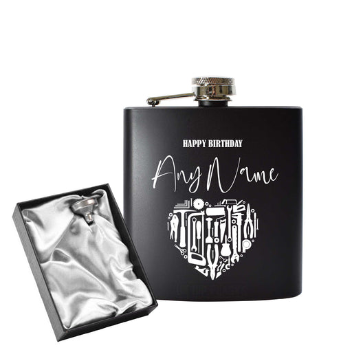 Engraved 6oz Black Hip flask with Birthday Tool heart Image 1