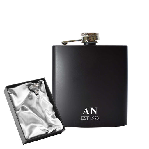 Engraved 6oz Black Hip flask with Initials and Date Image 2