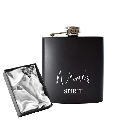 Engraved 6oz Black Hip flask with any Name and Spirit Image 1