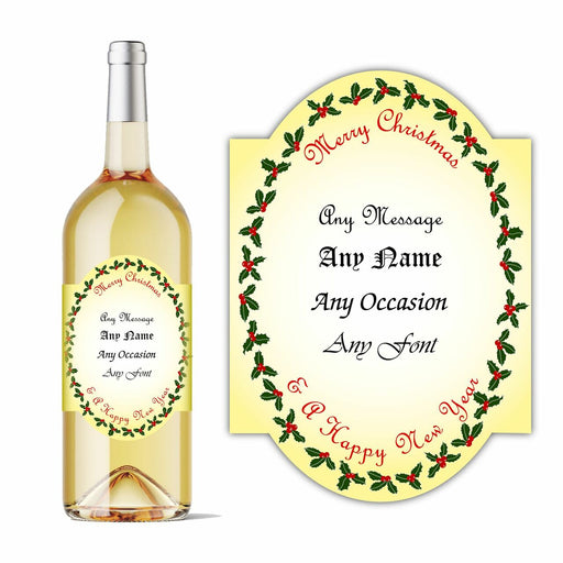 Personalised Christmas holly oval wine bottle label, Add any message. Image 2