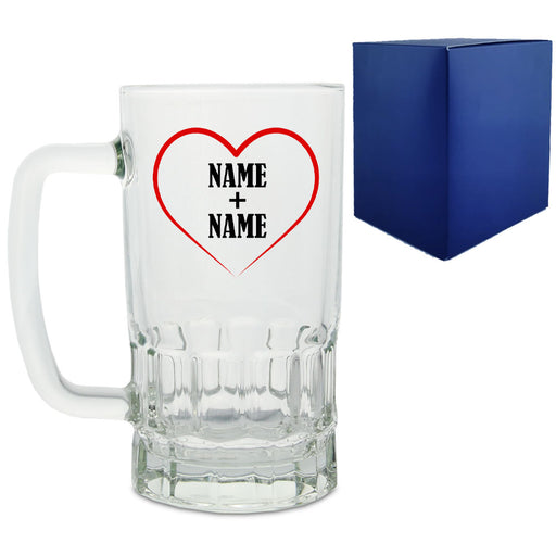 Personalised Glass Tankard, with Heart and any names Image 1