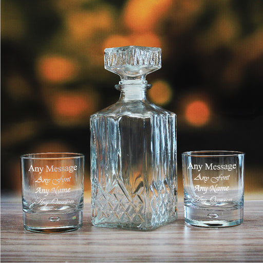 Set of 2 11.5oz Engraved  Bubble Whisky glasses and Prysm Decanter Image 1