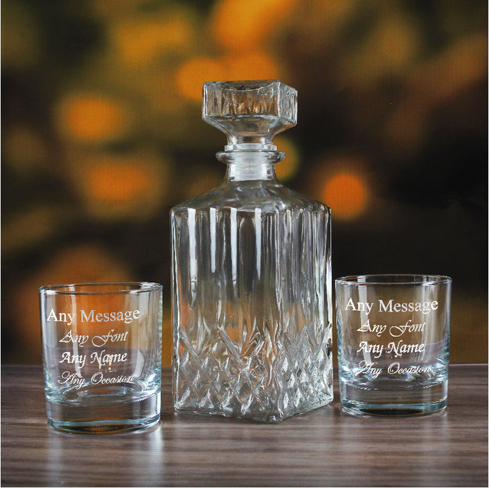Set of 2 Engraved 11.5oz Side Whisky glasses and unengraved Prysm Decanter Image 2
