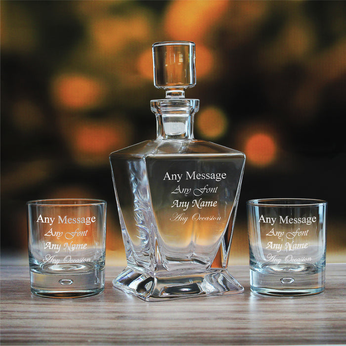 Engraved 2 x 11.5oz Bubble Whisky glasses and 750ml Tapered Square Decanter Any message Set Image 2