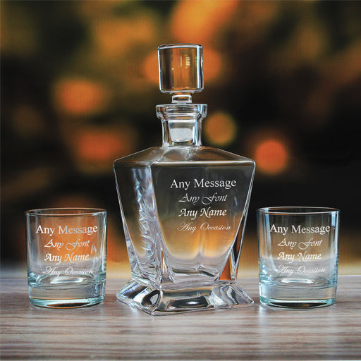 Engraved 2 x 11.5oz Side Whisky glasses and 750ml Tapered Square Decanter Any message Set Image 1