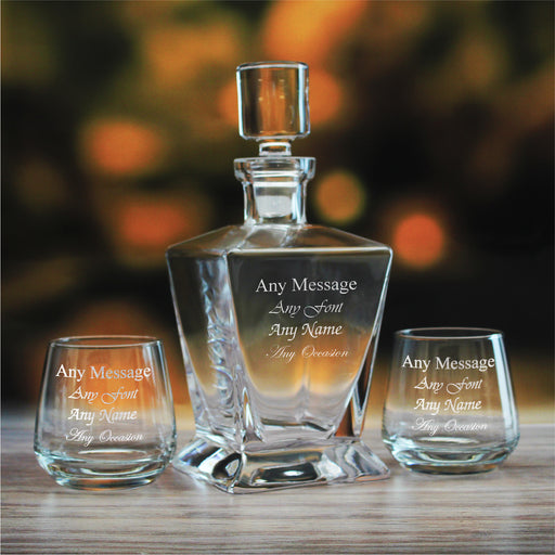 Engraved 2 x 345ml Tallo Tumblers and 750ml Tapered Square Decanter Any message Set Image 1