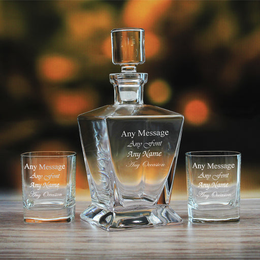 Engraved 2 x 290ml Strauss Whisky Tumblers and 750ml Tapered Square Decanter Any message Set Image 1