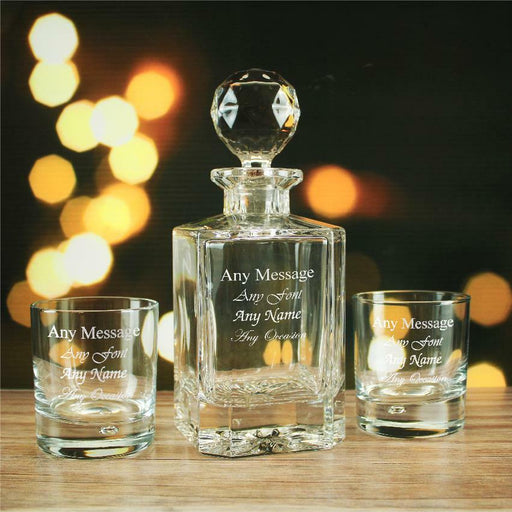Engraved 2 x 11.5oz Bubble Whisky glasses and 800ml Crystalite Square Decanter Any Message Set Image 1