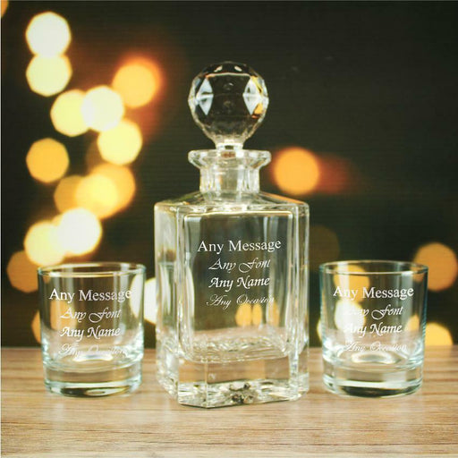 Engraved 2 x 11.5oz Side Whisky glasses and 800ml Crystalite Square Decanter Any Message Set Image 1