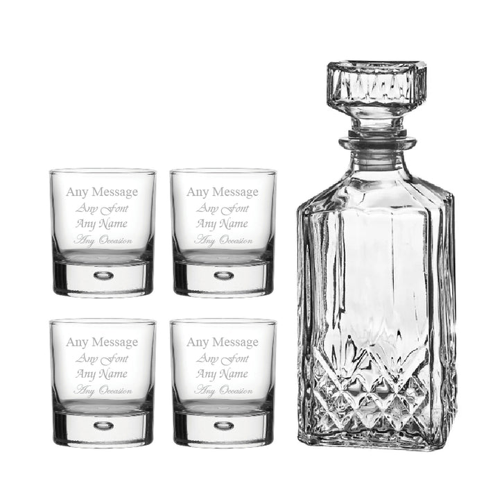 Set of 4 Engraved 11.5oz Bubble Whisky glasses and Prysm Decanter Image 2