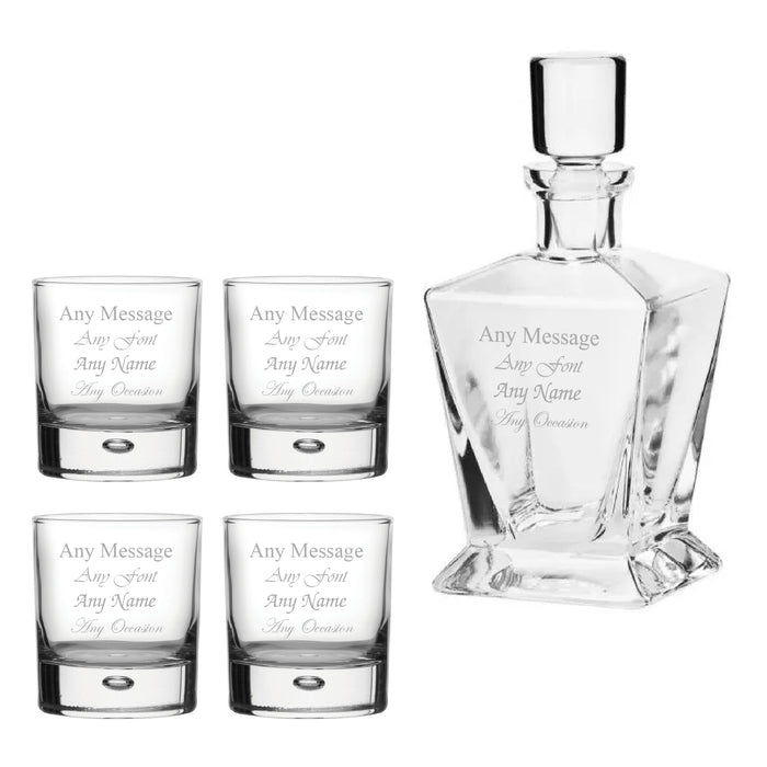 Engraved 4 x 11.5oz Bubble Whisky glasses and 750ml Tapered Square Decanter Any message Set Image 2