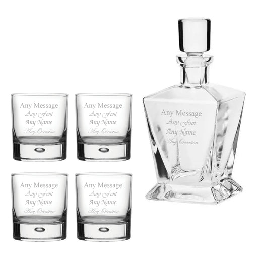 Engraved 4 x 11.5oz Bubble Whisky glasses and 750ml Tapered Square Decanter Any message Set Image 1