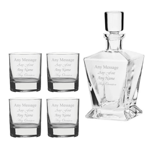 Engraved 4 x 11.5oz Side Whisky glasses and 750ml Tapered Square Decanter Any message Set Image 1
