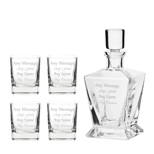 Engraved 4 x 290ml Strauss Whisky Tumblers and 750ml Tapered Square Decanter Any message Set Image 1