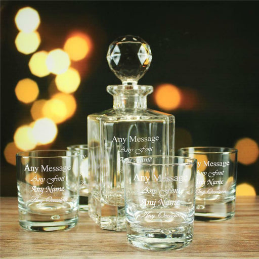Engraved 4 x 11.5oz Bubble Whisky glasses and 800ml Crystalite Square Decanter Any Message Set Image 1
