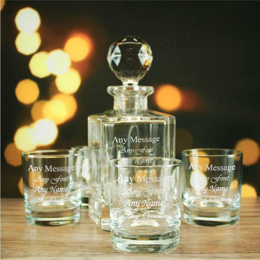 Engraved 4 x 11.5oz Side Whisky glasses and 800ml Crystalite Square Decanter Any Message Set Image 1
