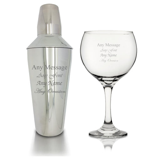 Engraved Cocktail Shaker with Strainer and Gin Balloon Glass Image 1