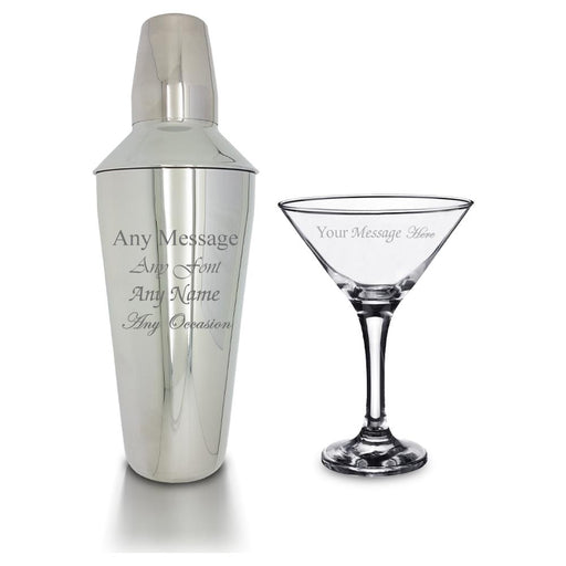 Engraved Cocktail Shaker with Strainer and Martini Glass Image 2