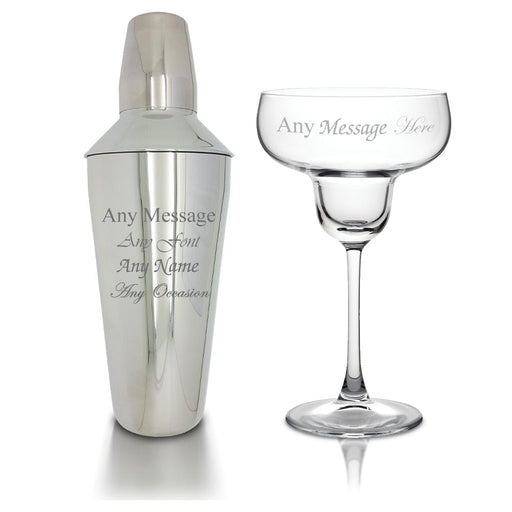 Engraved Cocktail Shaker with Strainer and Margarita Glass Image 1
