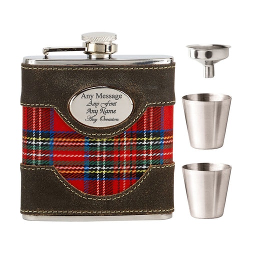 Engraved 6oz Tartan Leather Hip Flask with Funnel and Cups Image 1