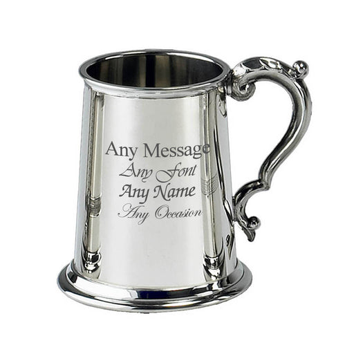 Engraved Pint Plain Pewter Tankard with Intricate Handle Image 2