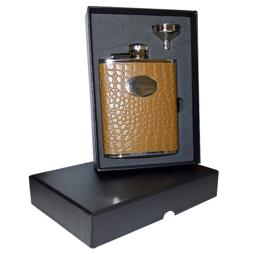 Engraved 6oz Brown Faux Crocodile Hip Flask with Funnel Image 1