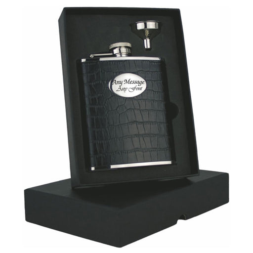 Engraved 6oz Black Faux Crocodile Hip Flask with Funnel Image 2