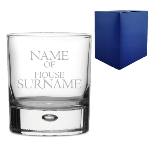 Engraved "Name of House Surname" Novelty Whisky Tumbler With Gift Box Image 1