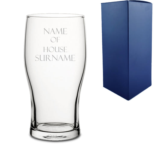 Engraved "Name of House Surname" Novelty Pint Glass With Gift Box Image 1