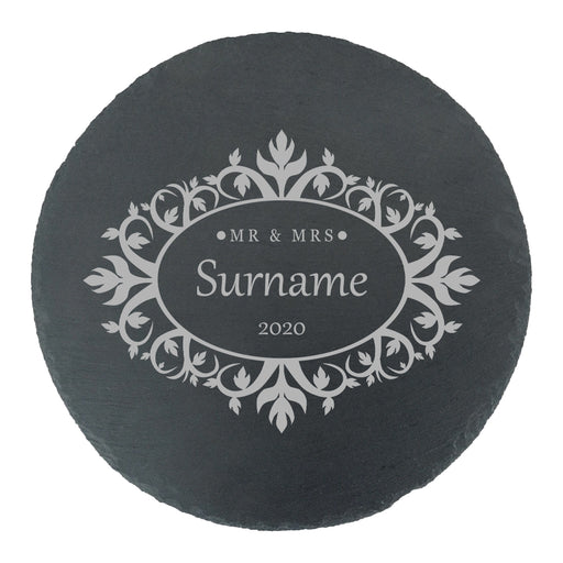 Engraved Round Slate Cheeseboard with Mr and Mrs Design Image 1