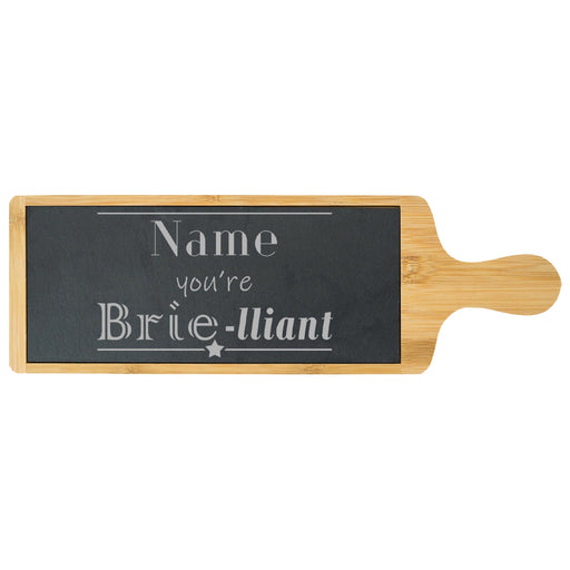 Engraved Bamboo and Slate Cheeseboard with Name you're Brie-lliant Design Image 1