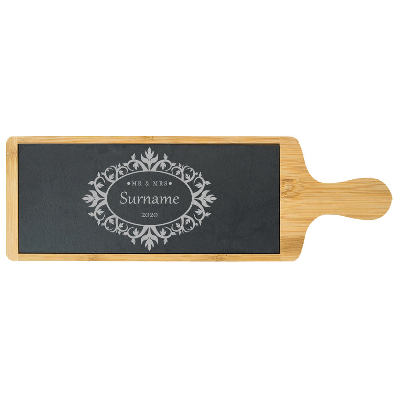 Engraved Bamboo and Slate Cheeseboard with Mr and Mrs Design Image 1