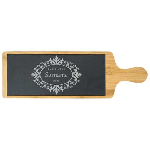 Engraved Bamboo and Slate Cheeseboard with Mr and Mrs Design Image 1
