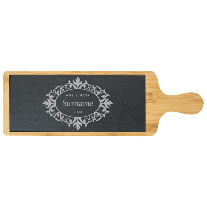 Engraved Bamboo and Slate Cheeseboard with Mr and Mrs Design Image 2