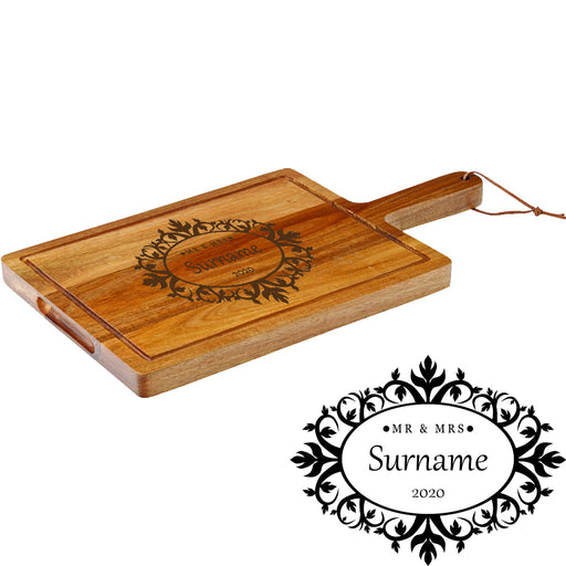 Engraved Acacia Wood Cheeseboard with Mr and Mrs Design Image 1